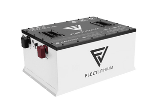 Angled view of the Fleet Lithium Club Car Precedent / Tempo / DS (2008.5-2021) 48V Lithium Battery Conversion Kit — Fleet Lithium battery, showcasing its white body and black top, with the "Fleet Lithium" logo and caution labels clearly visible.