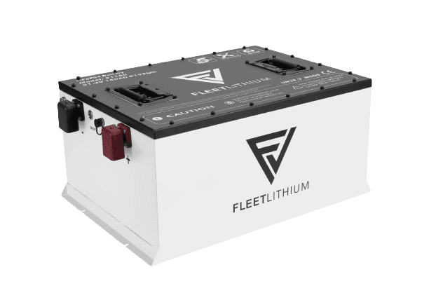 Angled view of the Fleet Lithium Bad Boy Recoil 72V 105Ah Lithium Battery Kit, highlighting its white side casing and black top with various ports and the Fleet Lithium logo.