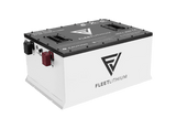 Angled view of the Fleet Lithium Bad Boy Recoil 72V 105Ah Lithium Battery Kit, highlighting its white side casing and black top with various ports and the Fleet Lithium logo.