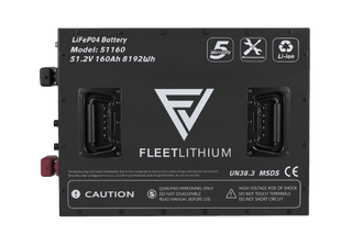 Star EV Capella 48V 105Ah Lithium Battery Kit — Fleet Lithium — Top-down view of the Fleet Lithium Star EV Capella 48V 105Ah Lithium Battery Kit – Fleet Lithium. The black battery has a silver Fleet Lithium logo, two handles, and red and black terminals on the side. The label indicates "LiFePO4 Battery," "Model: 51160," "51.2V 160Ah," "UN38.3," "MSDS," and "CE" certifications.