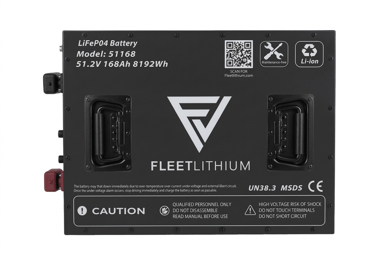 Top-down view of the Fleet Lithium 51V 168Ah Fleet Lithium Battery — NexGen BMS, showcasing the top panel with its QR code, technical specifications, and safety warnings.