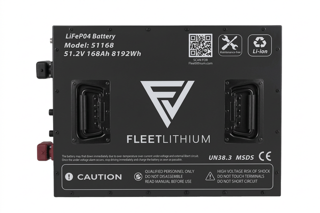 Top-down view of the Fleet Lithium 51V 168Ah Fleet Lithium Battery — NexGen BMS, showcasing the top panel with its QR code, technical specifications, and safety warnings.