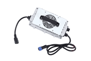 Fleet Lithium 58.4V 18A On-board LiFePO4 Charger (CH5618) viewed from a higher angle, showcasing the top fan and handle, with the input and output cables visible.