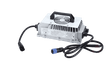 Fleet Lithium 58.4V 18A On-board LiFePO4 Charger (CH5618) with input and output cables, viewed from a slight angle revealing top fan and carrying handle.
