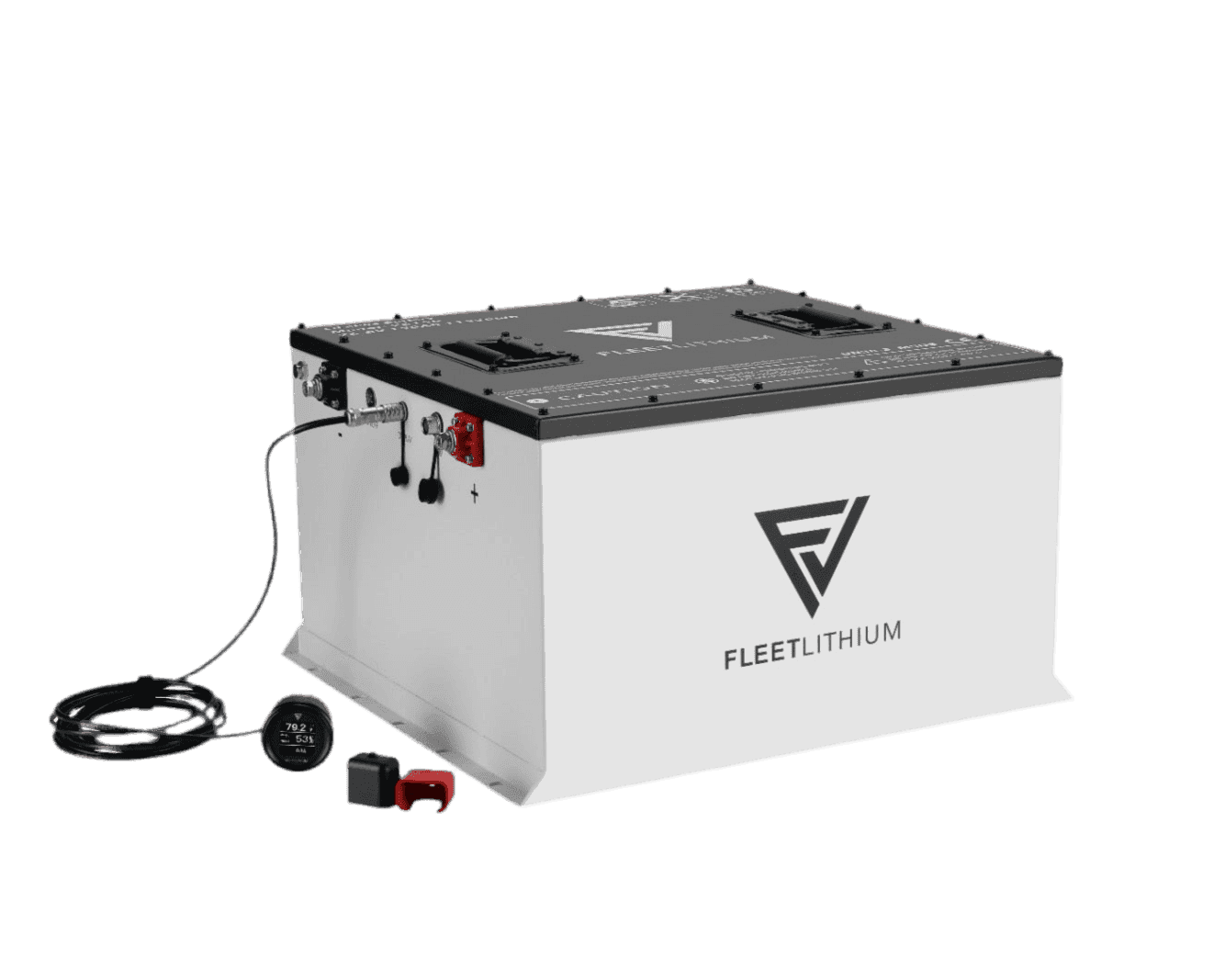 Fleet Lithium Epic Carts E40 / E40L / E60 / E60L (2022-2025) (72V) Fleet Lithium Conversion Kit, angled view with digital state-of-charge gauge and terminal covers detached.