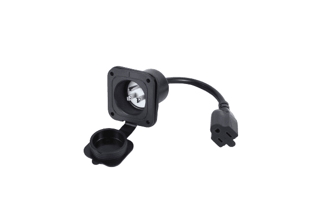 A universal charge receptacle for the Fleet Lithium 76.8V 105Ah Fleet Lithium Battery Bundle — NexGen BMS, with a protective cover, designed for easy charging access.