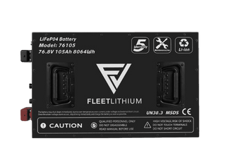Top view of the Fleet Lithium 76.8V 105Ah Fleet Lithium Battery Bundle — NexGen BMS, showcasing the product label with 5-year warranty, LiFePO4 chemistry, 76.8V 105Ah 8064Wh specifications, and certifications like UN38.3, MSDS, and CE.