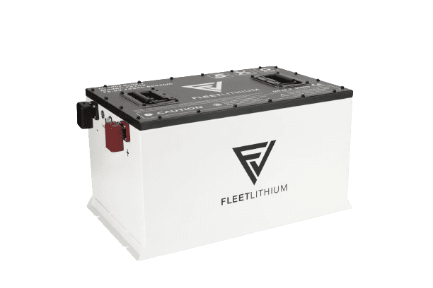 Angled view of the Fleet Lithium 76.8V 105Ah Fleet Lithium Battery Bundle — NexGen BMS, emphasizing its compact design and the Fleet Lithium branding on the side and top of the battery case.