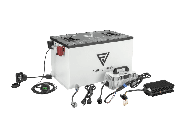 Fleet Lithium Epic Carts E40 / E40L / E60 / E60L (2022-2025) (72V) Fleet Lithium Conversion Kit showing all included components: battery, charger, bracket kit, AC power connector, cable set, and digital state-of-charge gauge.