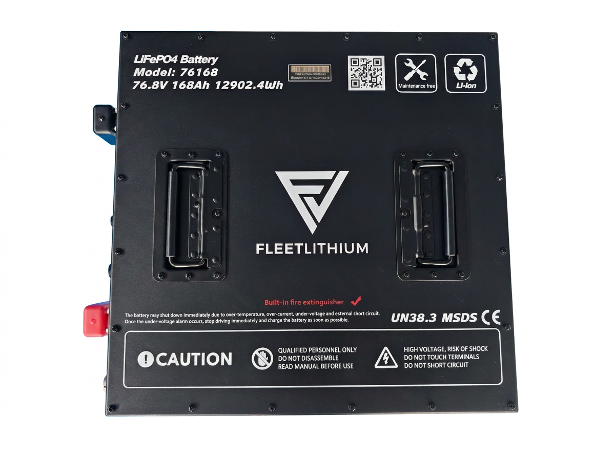 76.8V 168Ah Fleet Lithium Battery — NexGen BMS — Fleet Lithium 76.8V 168Ah Battery — NexGen BMS with black casing, side terminals, and caution labels