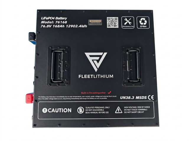 76.8V 168Ah Fleet Lithium Battery — NexGen BMS — Fleet Lithium 76.8V 168Ah Battery — NexGen BMS with black casing, side terminals, and caution labels