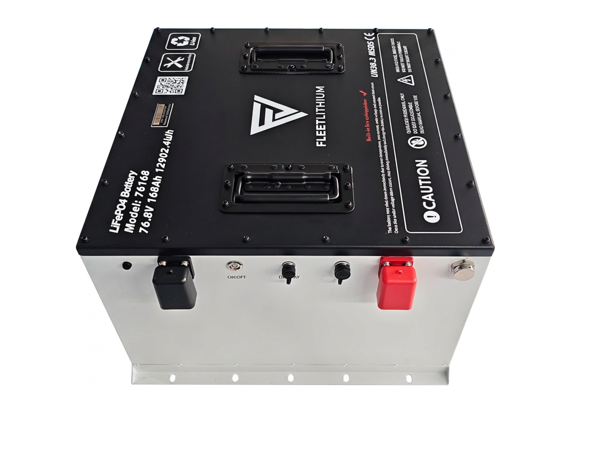 76.8V 168Ah Fleet Lithium Battery — NexGen BMS, silver case with black top, handles, and terminals.