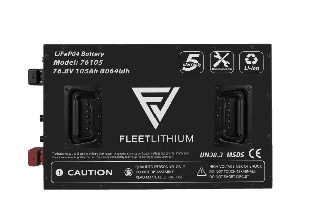 Fleet Lithium 76.8V 105Ah Fleet Lithium Battery — NexGen BMS, showing the black top of the battery with handles, specs, and warnings visible.