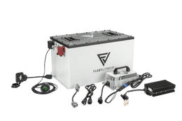 Fleet Lithium Epic Carts E40 / E40L / E60 / E60L (2022-2025) (72V) Fleet Lithium Conversion Kit showing all included components: battery, charger, bracket kit, AC power connector, cable set, and digital state-of-charge gauge.