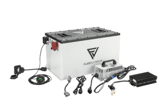 Fleet Lithium Epic Carts E40 / E40L / E60 / E60L (2022-2025) (72V) Fleet Lithium Conversion Kit showing all included components: battery, charger, bracket kit, AC power connector, cable set, and digital state-of-charge gauge.