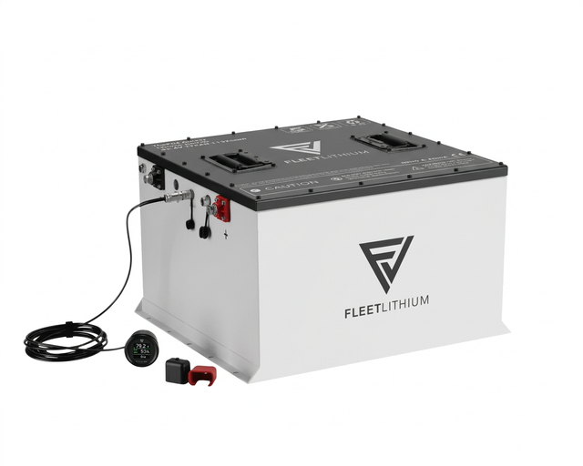 Fleet Lithium 76.8V 168Ah Fleet Lithium Battery Bundle — NexGen BMS with charging cable, voltage meter, and terminal covers, showcasing the overall product bundle from an angle.