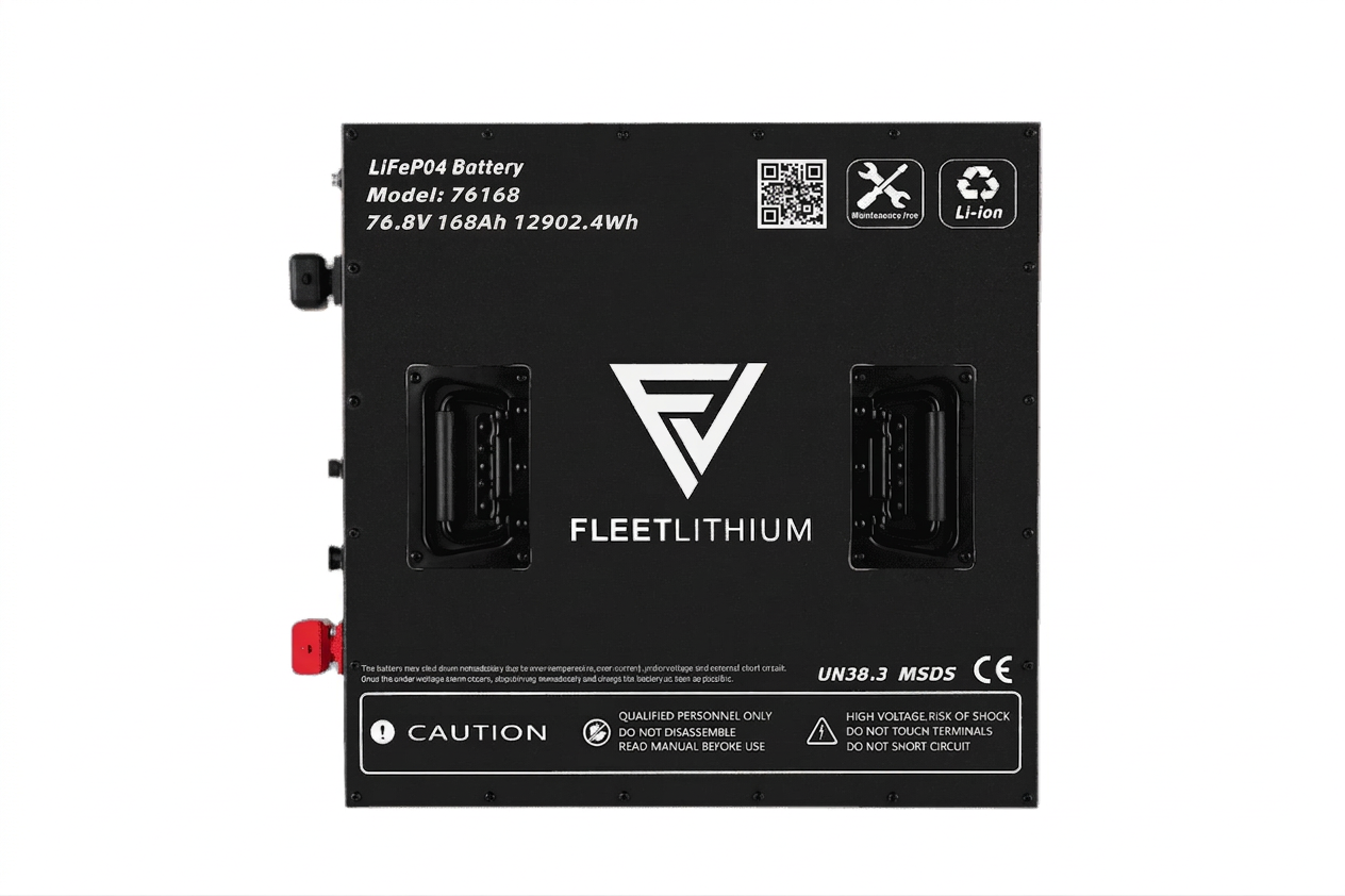 Fleet Lithium 76.8V 168Ah Fleet Lithium Battery Bundle — NexGen BMS, showcasing the top of the battery with labels, QR codes, and maintenance information.