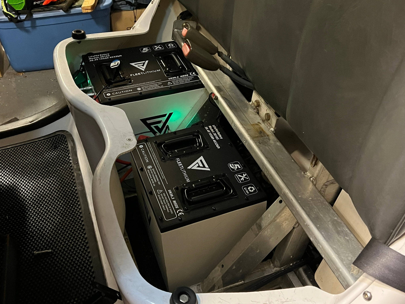 Fleet Lithium GEM LSV (1999-2004) (72V) Fleet Lithium Conversion Kit batteries installed in the rear compartment of a GEM LSV.