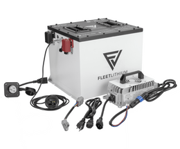 Fleet Lithium 51 Volt Fleet Lithium 105AH w/ NexGen BMS - Bundle, shown with battery, charge port, display, and charger against a white background.