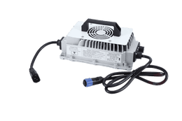 Fleet Lithium 58.4V 18A On-board LiFePO4 Charger (CH5618) with input and output cables, viewed from a slight angle revealing top fan and carrying handle.