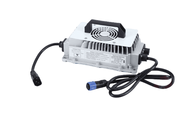 Fleet Lithium Textron / Tracker Prowler EV (2017-2021) (72V) Fleet Lithium Conversion Kit charger with a handle, cooling fan, and various cables attached.