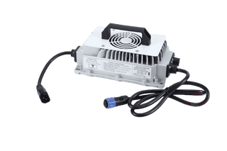 Fleet Lithium Textron / Tracker Prowler EV (2017-2021) (72V) Fleet Lithium Conversion Kit charger with a handle, cooling fan, and various cables attached.