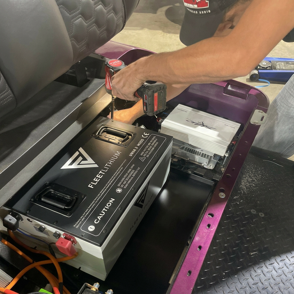 Hand installing the Fleetlithium 48V battery kit in a golf cart, showing silver inverter.