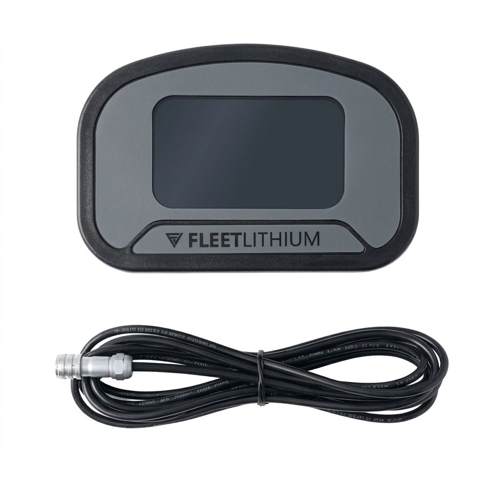 Digital display unit with connected black coiled cable featuring a metal connector.