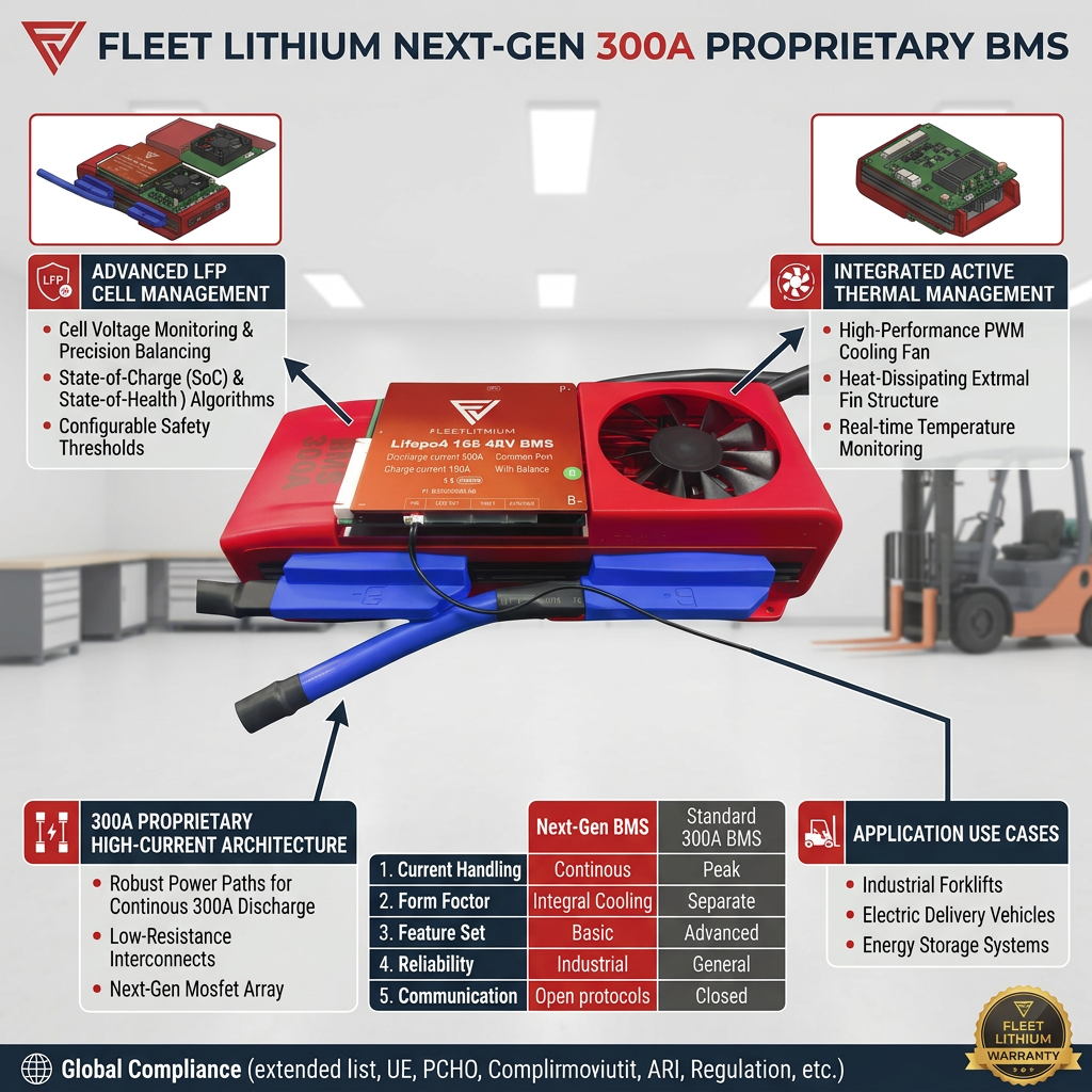 Red battery kit with cooling fan, industrial forklifts in background.