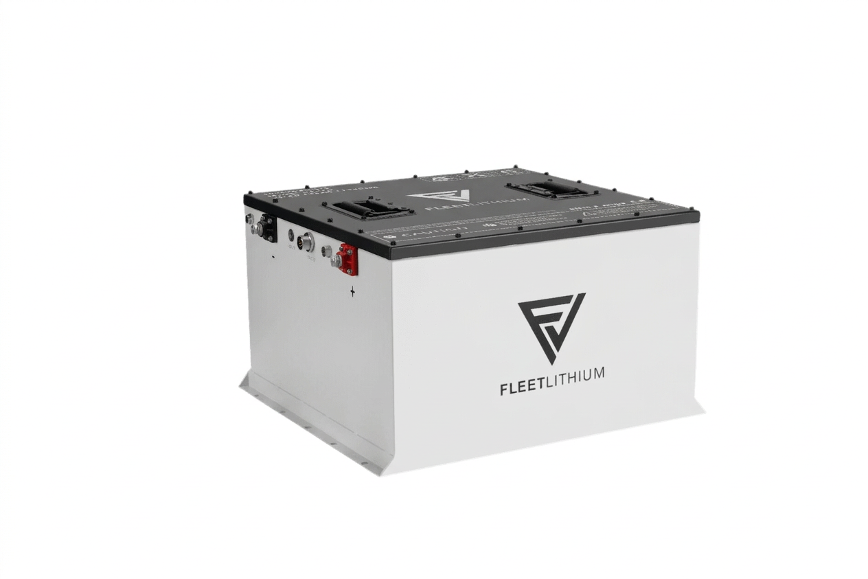 Fleet Lithium EZGO Freedom TXT (2014-2021) (72V) Fleet Lithium Conversion Kit showing the top and side of the white battery with the Fleet Lithium logo and various ports and connectors.