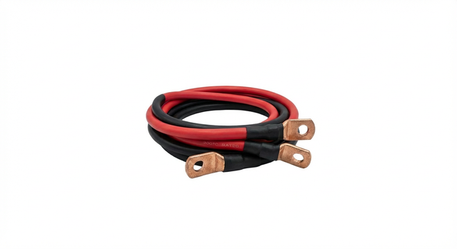 Fleet Lithium 4 AWG Battery Cable Set (Pair) with red and black cables coiled, showing copper lugs with stud holes.