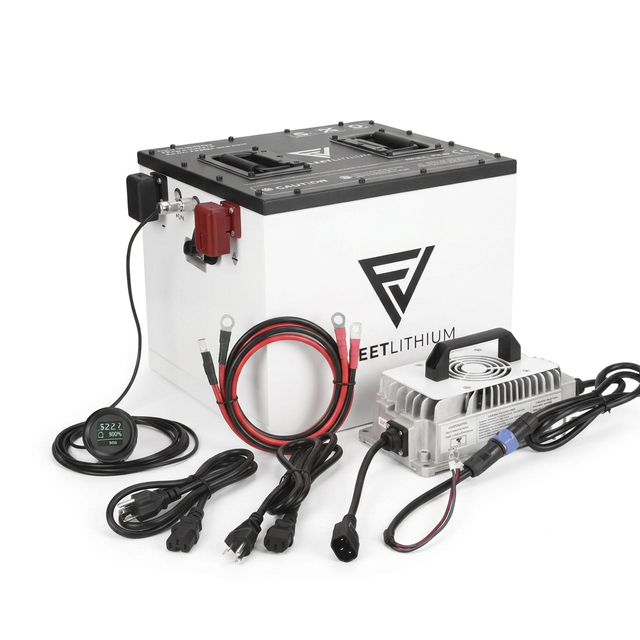 Front view of the Fleet Lithium 48V battery bundle for Bad Boy Buggies, showcasing the complete package