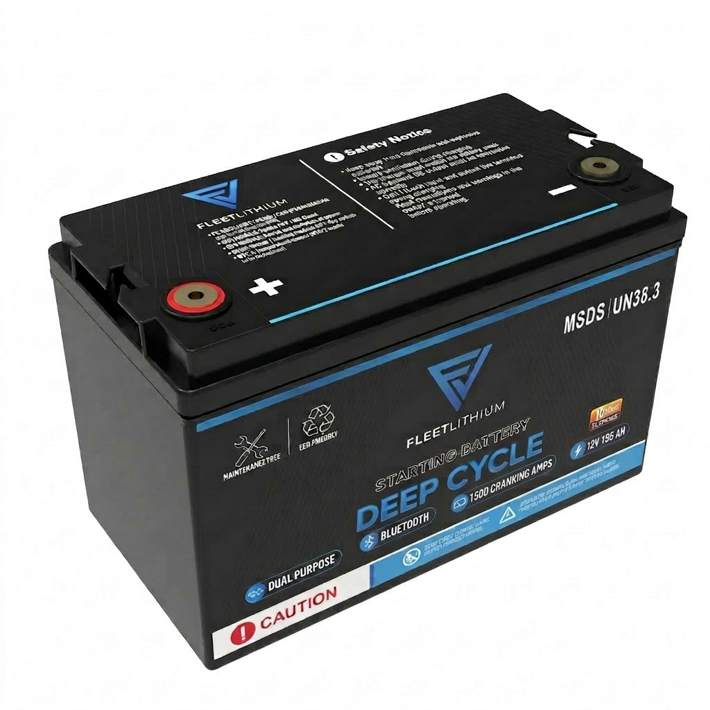 Black Fleetlithium 12V 195Ah LiFePO4 Deep Cycle Battery, Front angle view.