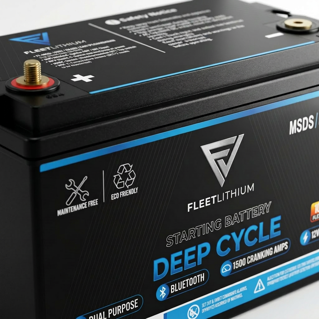 FleetLithium 12V 200Ah deep cycle battery, black, Group 27, with blue accents.