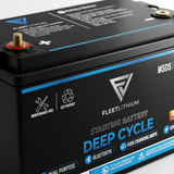 FleetLithium 12V 200Ah deep cycle battery, black, Group 27, with blue accents.