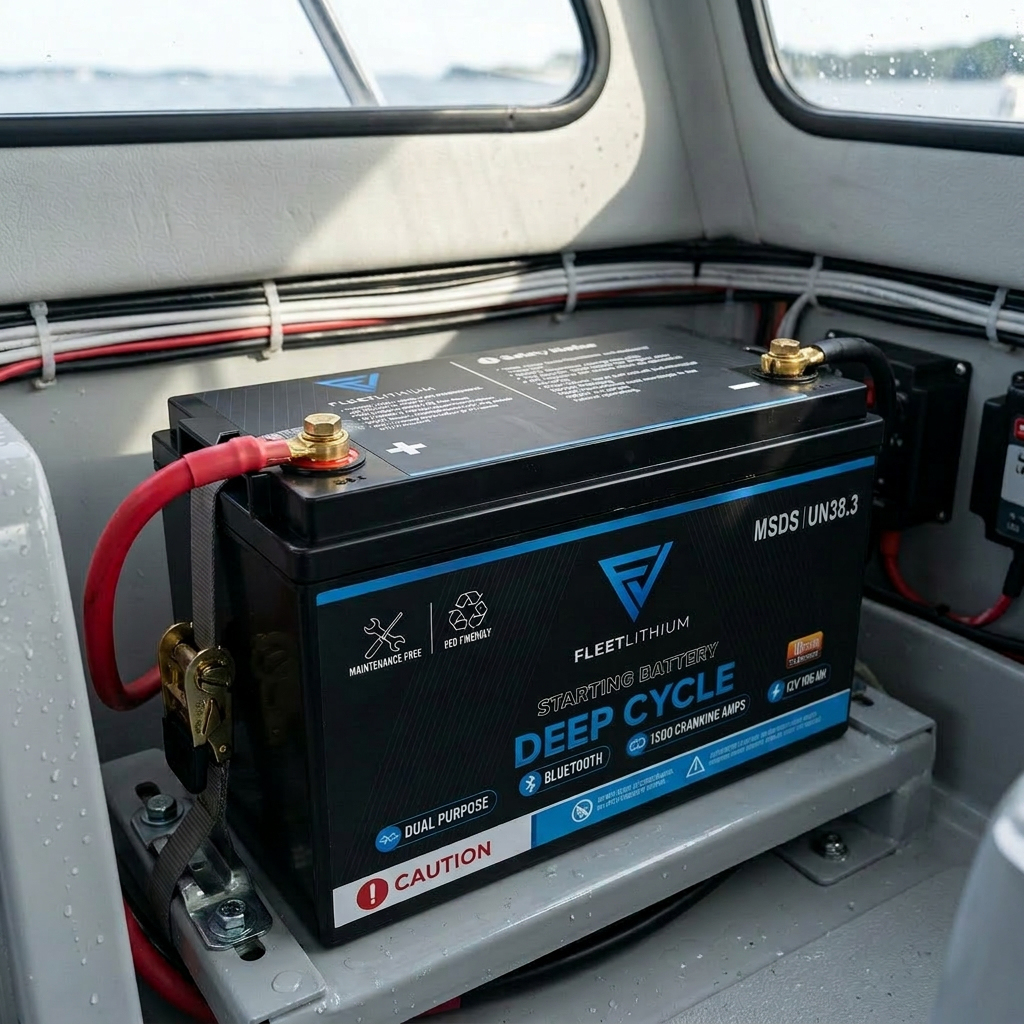 Fleetlithium 12V 200Ah LiFePO4 Deep Cycle Battery in an angle, secured in a boat.