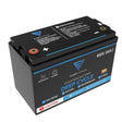Fleet Lithium BlueMax Marine 12V 200Ah LiFePO4 Deep Cycle Battery (Group 27) top-down view showing positive and negative terminals, product labels with "MSDS / UN38.3", "Maintenance Free", "Eco-Friendly", "Bluetooth", "Dual Purpose", "Starting Battery", "Deep Cycle", "1200 Cranking Amps", "12V 105AH", and safety notices.