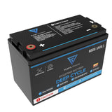 Fleet Lithium BlueMax Marine 12V 200Ah LiFePO4 Deep Cycle Battery (Group 27) top-down view showing positive and negative terminals, product labels with "MSDS / UN38.3", "Maintenance Free", "Eco-Friendly", "Bluetooth", "Dual Purpose", "Starting Battery", "Deep Cycle", "1200 Cranking Amps", "12V 105AH", and safety notices.