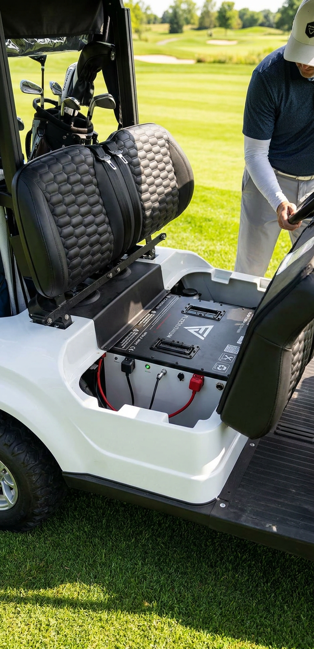 76.8V 168Ah Fleet Lithium Battery — NexGen BMS — Fleet Lithium 76.8V 168Ah battery installed in a golf cart, showing terminals and wiring.