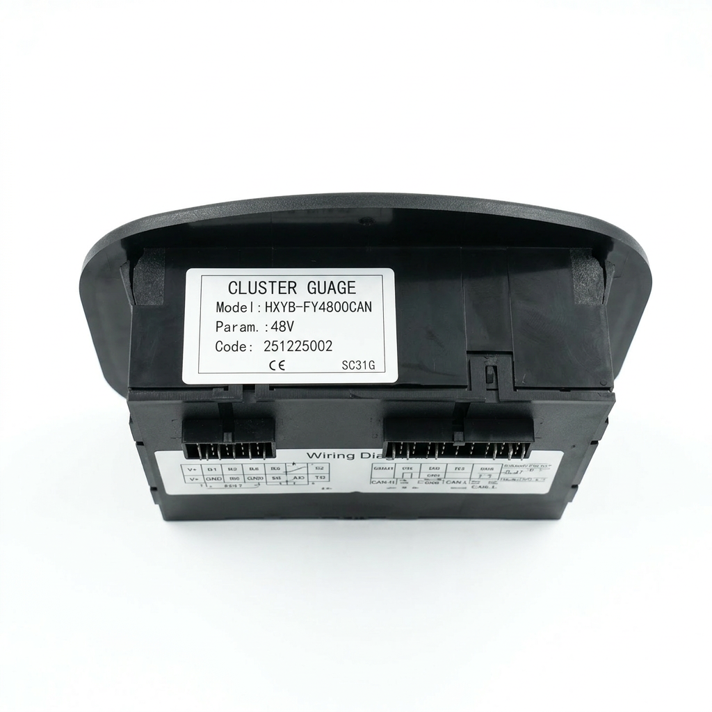 Black Digital 48V LCD Cluster Gauge, Model HXYB-FY4800CAN, with wiring diagram.