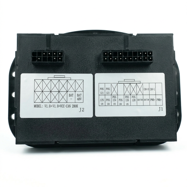 Black EV controller unit with dual connector ports and wiring diagrams on labels.