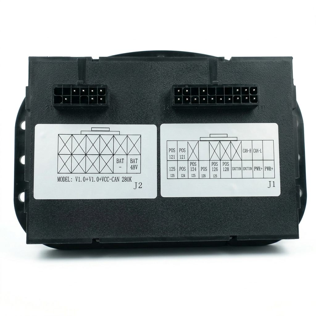 Black EV controller unit with dual connector ports and wiring diagrams on labels.