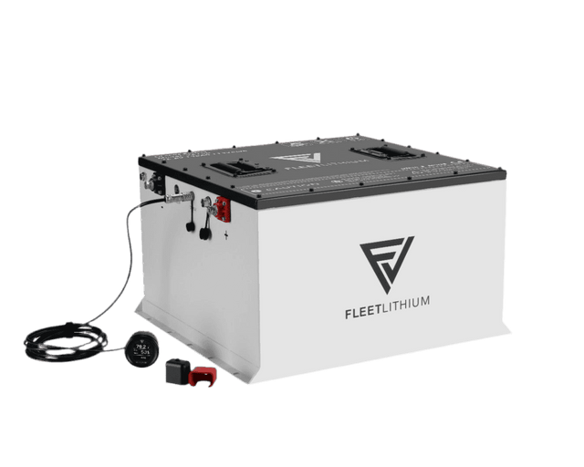 Fleet Lithium Epic Carts E40 / E40L / E60 / E60L (2022-2025) (72V) Fleet Lithium Conversion Kit, angled view with digital state-of-charge gauge and terminal covers detached.