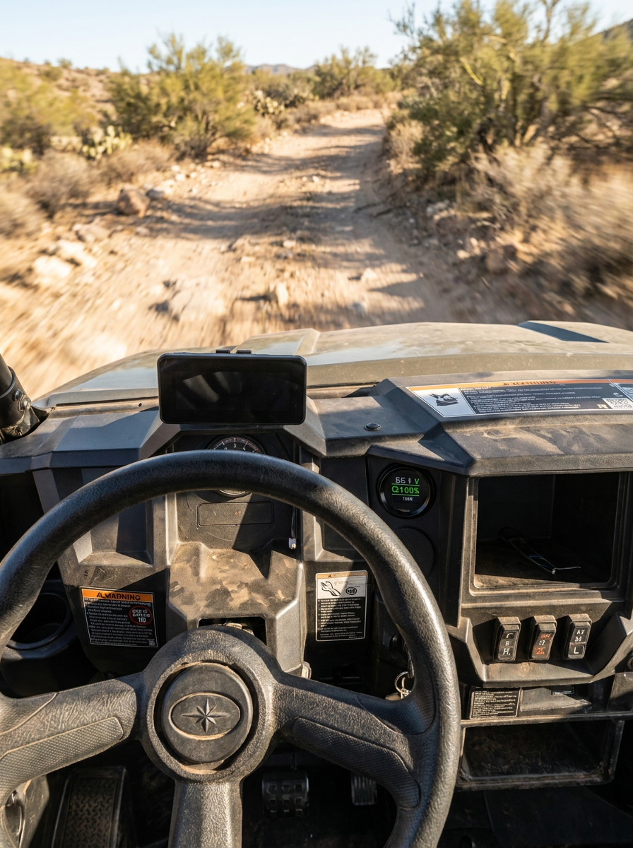 Fleet Lithium 51 Volt Battery Bundle for Polaris Ranger EV (2010–2024) dashboard view with digital battery readout.