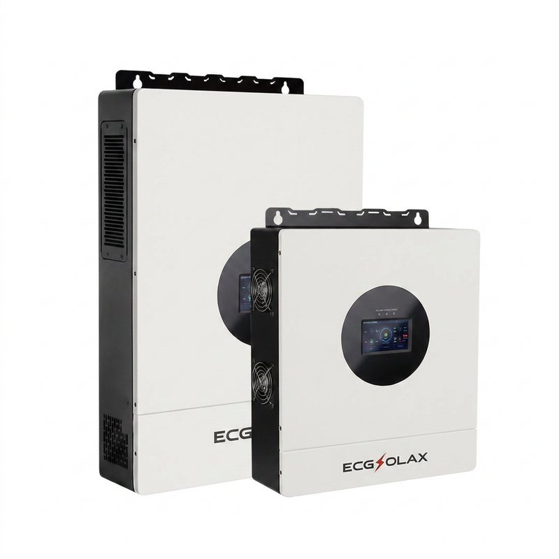 ECGSOLAX Fleet Lithium 7KW 12KW Hybrid Solar Inverter 48V 110V 240V Split Phase Pure Sine Wave Inverter With MPPT 120A 20A Solar Charger displayed with fans and digital screen.