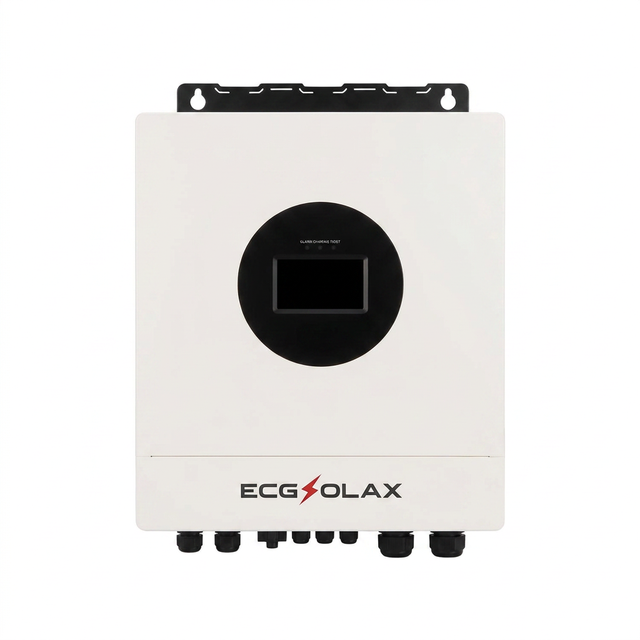 ECGSOLAX Fleet Lithium 7KW 12KW Hybrid Solar Inverter 48V 110V 240V Split Phase Pure Sine Wave Inverter With MPPT 120A 20A Solar Charger — ECGSOLAX Fleet Lithium 7KW 12KW Hybrid Solar Inverter 48V 110V 240V Split Phase Pure Sine Wave Inverter MPPT 120A 20A Solar Charger, white unit with black display.