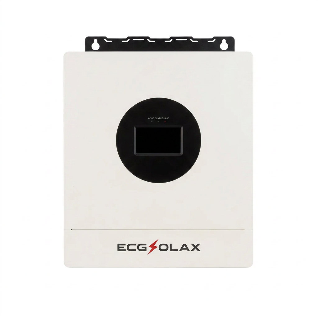 ECGSOLAX Fleet Lithium 7KW 12KW Hybrid Solar Inverter 48V 110V 240V Split Phase Pure Sine Wave Inverter With MPPT 120A 20A Solar Charger, white unit with black display panel.