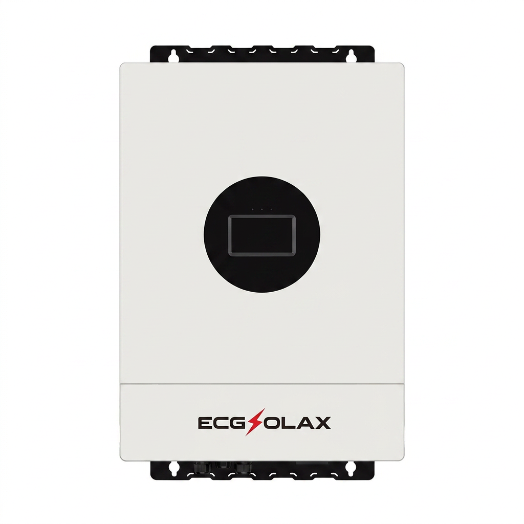 ECGSOLAX Fleet Lithium 7KW 12KW Hybrid Solar Inverter 48V 110V 240V Split Phase Pure Sine Wave Inverter With MPPT 120A 20A Solar Charger — ECGSOLAX Fleet Lithium 7KW 12KW Hybrid Solar Inverter with MPPT 120A 20A Solar Charger, white with black circular display and logo.