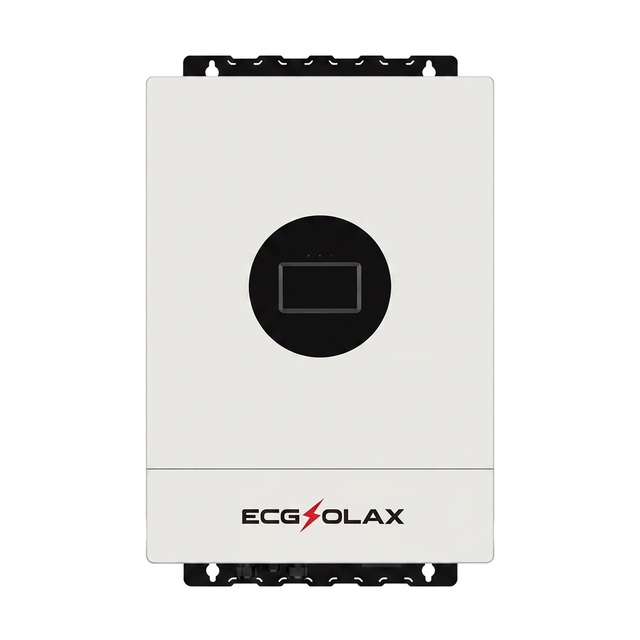 ECGSOLAX Fleet Lithium 7KW 12KW Hybrid Solar Inverter 48V 110V 240V Split Phase Pure Sine Wave Inverter With MPPT 120A 20A Solar Charger — ECGSOLAX Fleet Lithium 7KW 12KW Hybrid Solar Inverter with MPPT 120A 20A Solar Charger, white with black circular display and logo.