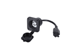 Fleet Lithium Body Mounted AC Power Plug, front view showing the AC receptacle with its protective cap open, and the male end of the power cord.